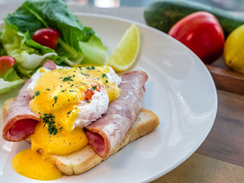 Close-up of breakfast served in plate