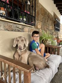 High angle view of boy playing with weimaraner