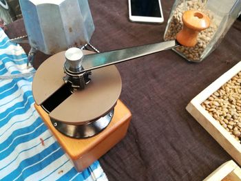 High angle view of smart phone on table