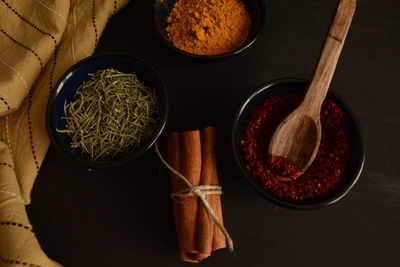 High angle view of spices on table