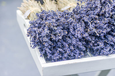 Bunches of dry lavender on wooden table