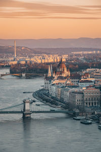 Bridge over river in city at sunset