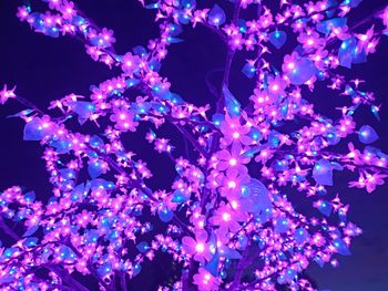 Low angle view of illuminated christmas tree against blue sky