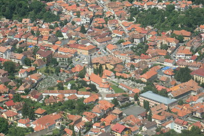 High angle view of houses and buildings in city