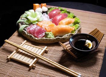 High angle view of sashimi on plate