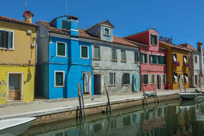 Reflection of building in water against clear blue sky