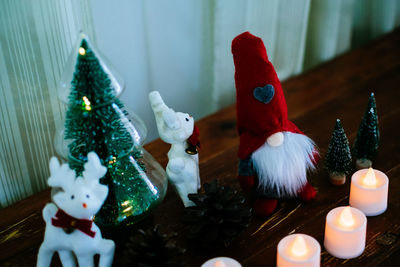 Close-up of christmas decorations table. 