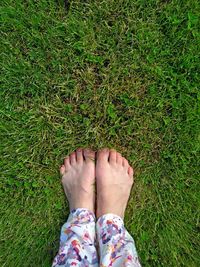 Bare female feet with short fingers on green grass