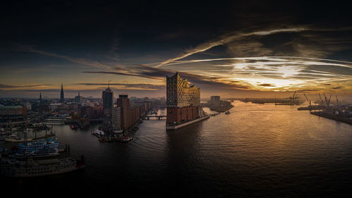 Panoramic view of sea and buildings against sky during sunset