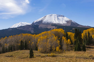 Scenic view of snow covered mountains