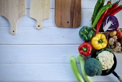 High angle view of fruits and vegetables on table