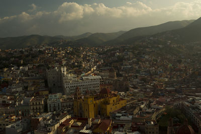 High angle shot of townscape against sky