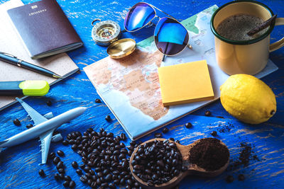 High angle view of coffee on table