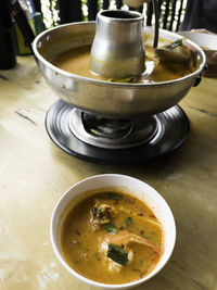 Close-up of soup in bowl on table