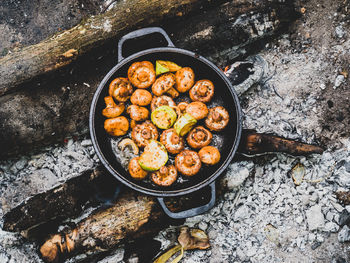 High angle view of food on barbecue grill