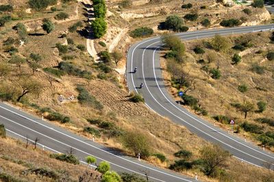 High angle view of highway amidst trees