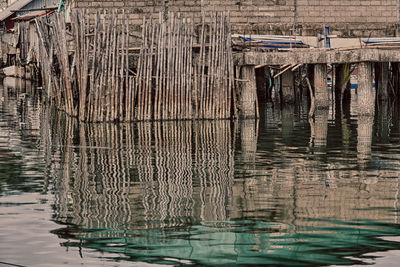 Wooden posts in lake