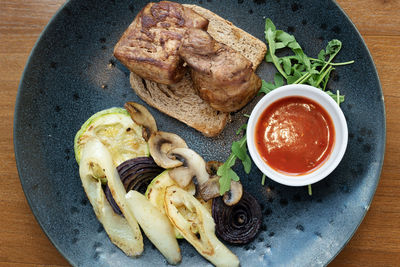 High angle view of breakfast served on table