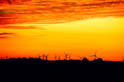 Silhouette of wind turbines at sunset