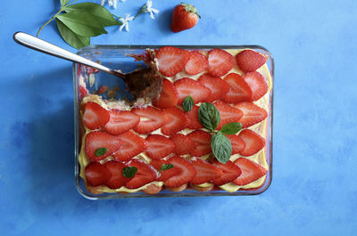 View from above of delicious strawberry tiramisu. top view. dessert concept.