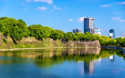 Scenic view of lake by buildings against sky