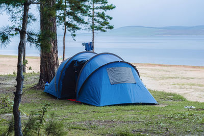 Tourist tent in blue stands in the forest by the lake