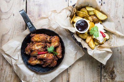 High angle view of food on barbecue grill