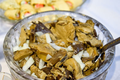 High angle view of breakfast served on table