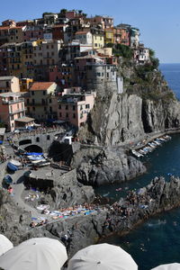 Aerial view of town by sea