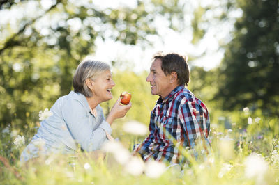 Senior couple relaxing together on a meadow