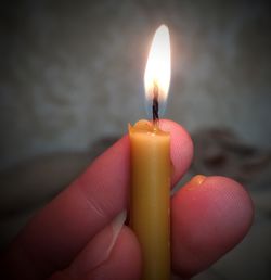 Close-up of hand holding lit candle