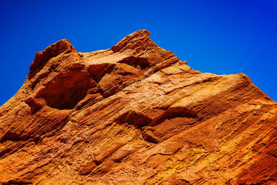 Low angle view of rock formation against clear blue sky