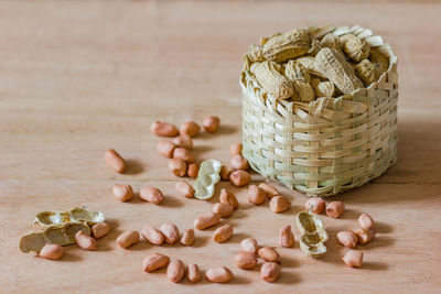 High angle view of cookies in basket on table