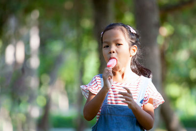 Portrait of cute girl eating popsicle at park