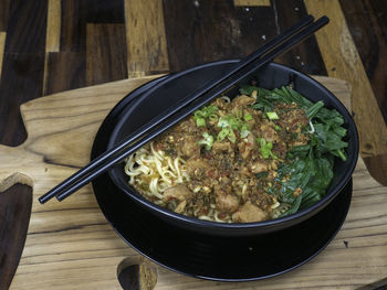 High angle view of food in bowl on table