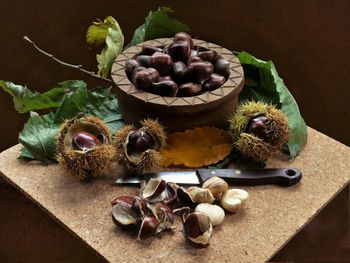 High angle view of fruits in plate on table