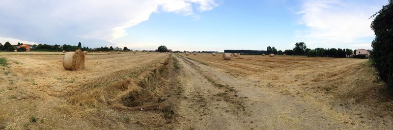 Panoramic view of hay bales on field against sky