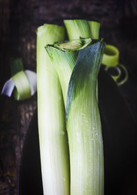 Organic fresh green leeks vertical wooden background filtered