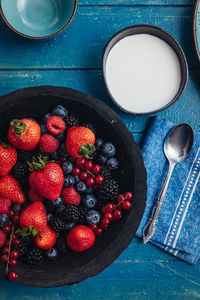 High angle view of strawberries in bowl on table