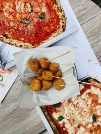 High angle view of pizza on table