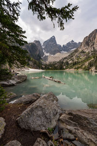 Scenic view of lake and mountains against sky