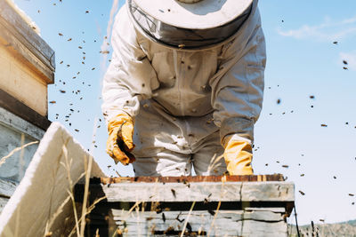 Low angle view of beekeeper working at farm