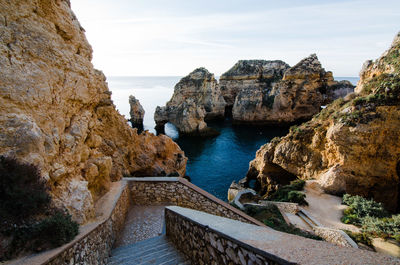 High angle view of rocks by sea against sky