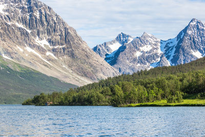 Scenic view of snowcapped mountains and lake