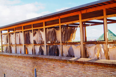 Leather drying in the tannery at ancient medina of fes el bali. fes, morocco