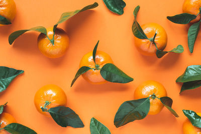 Fresh mandarins with leaves on orange background