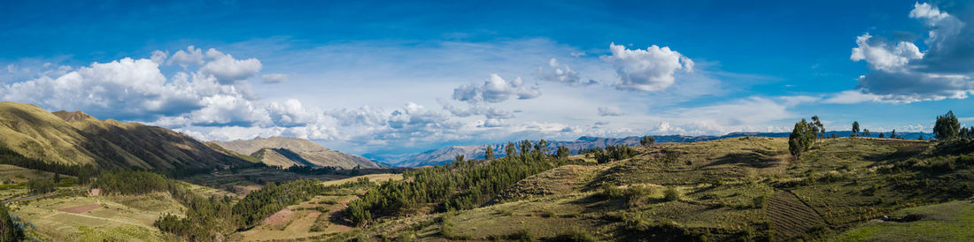 Panoramic view of trees and mountains against blue sky