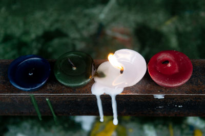 High angle view of wine glasses on table