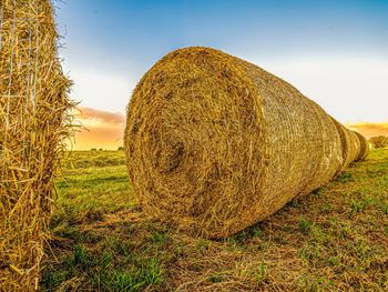 Hay bales on field against sky