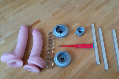 High angle view of objects on table